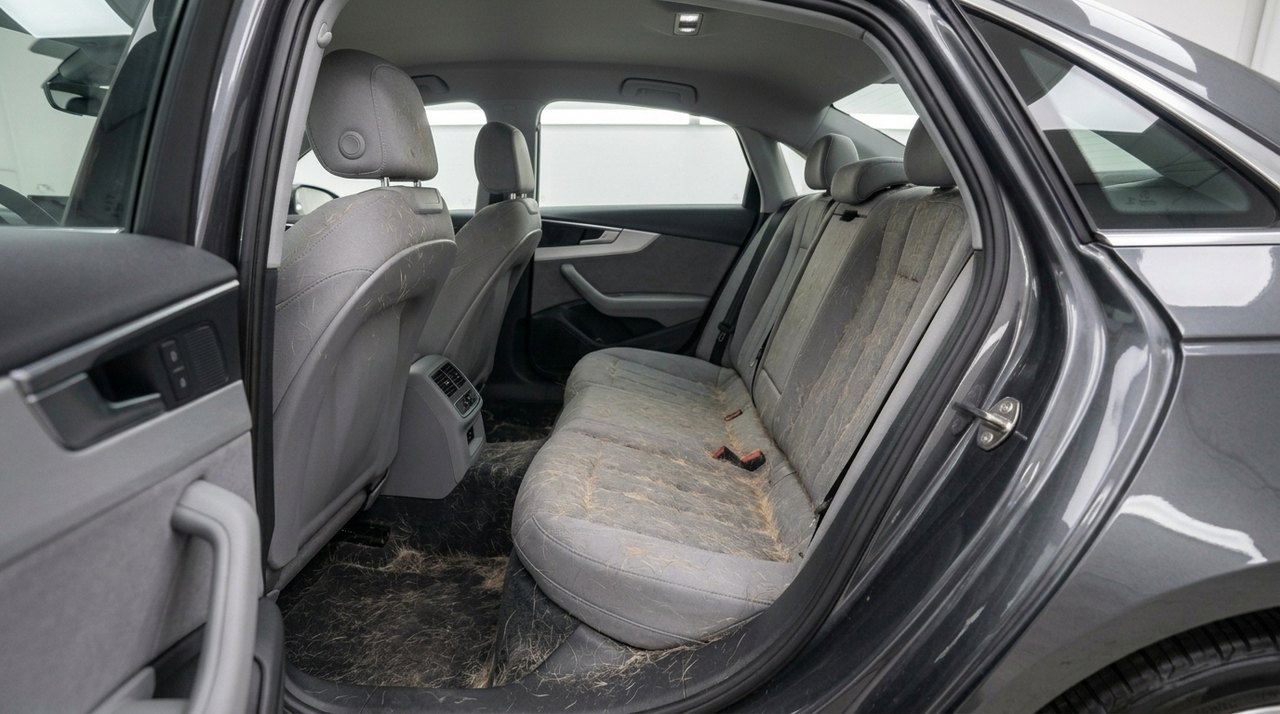 Beispielbild von Hundehaaren, die tief in einem grauen Stoffsitz und im Fußraum sitzen